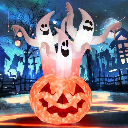 Costway 1,82 M Décoration Gonflable d’Halloween 3 Fantômes avec Citrouille avec Lumières Rotatives Colorées et Souffleur Intégré