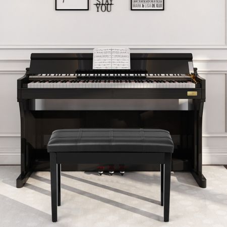 Costway Banquette Piano avec Coussin Rayé Rembourré en Cuir PU et Compartiment de Rangement pour Usage Professionnel/Privé Noir