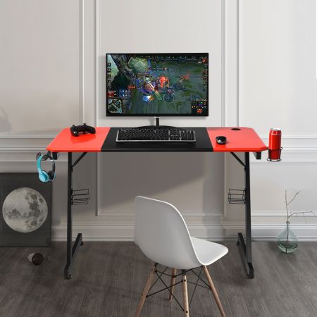 Bureau Gaming Surface en Fibre de Carbone 120x60x76CM avec Porte-gobelet Crochet pour Ecouteurs et Supports Audio Noir et Rouge
