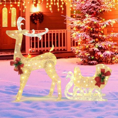 Costway Renne Lumineux avec Traîneau 100 Lumières Blanches Chaudes Décoration LED de Noël Intérieur & Extérieur 8 Piquets