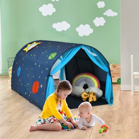 Costway Tente de Lit Enfants Tente de Rêve Portable avec Double Rideau en Maille Sac de Transport 144 x 102 x 82 CM Bleu