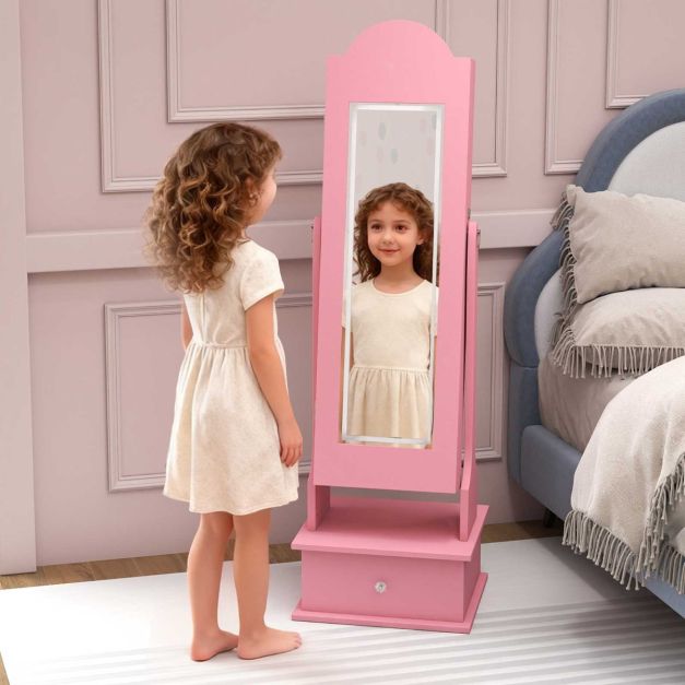 Armoire à Bijoux Enfants 2 En 1 Avec Miroir - Forme Couronne Rose - 3 Tiroirs, 18 Emplacements - Cadeau Fille 3 Ans Et Plus