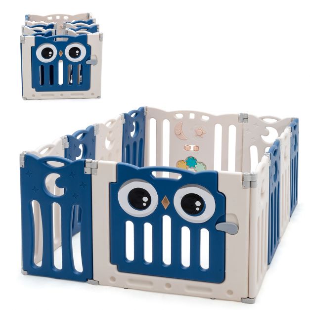 Costway Parc Bebe En Plastique 12 Elements Pliable Motif D Hibou En Hdpe Sans Bpa Porte Avec Verrou De Securite Beige Et Bleu Costway