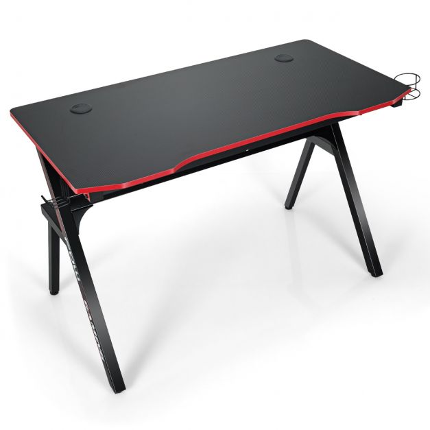 HOMCOM Bureau gaming table gamer grand plateau avec étagère de rangement  table de jeu support casque porte-gobelet pivotant 2 supports audio  intégrés métal MDF 120 x 60 x 97 cm noir et