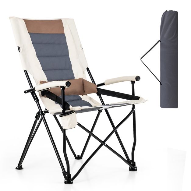 Chaise de Camping Pliante avec Dossier Haut Coussin Lombaire Charge 150KG  Fauteuil de Camping pour Plage Pêche Pique-Nique Marron+Beige - Costway