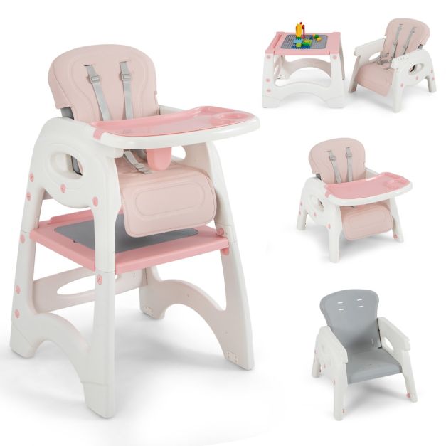 Chaise haute bébé 3 en 1 avec dossier réglable et plateaux amovibles Rose