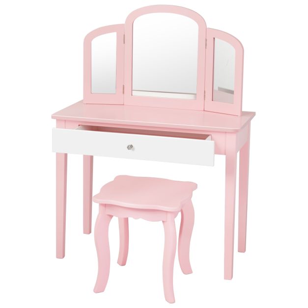 Coiffeuse enfant avec tabouret miroir meuble en bois fille rose