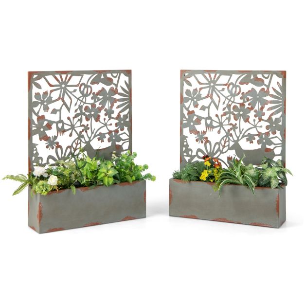 Lot de 2 Jardinires Murales avec Treillis en Mtal Bac  Fleurs  Dcoratives pour Plante Grimpante 60x17x80 cm Rouille - Costway
