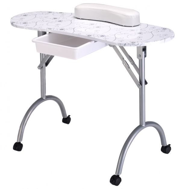 Table de manucure pliante portable pour ongles cosmétique avec roulettes  tiroir coussin et housse, 90 x 37 x 68 cm, Blanc - Costway