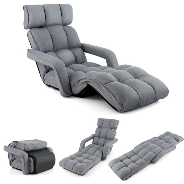 Fauteuil Relax pour Salon Chaise de Sol Méridienne Dossier Réglable à 5  Angles avec Appui-tête et Repose-pieds Gris - Costway