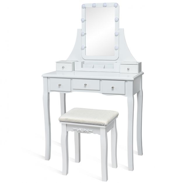 Coiffeuse Table de Maquillage avec et 10 Lampes Miroir Pivotant à 360° 5  Tiroirs en Bois de Pin avec Tabouret Blanc - Costway