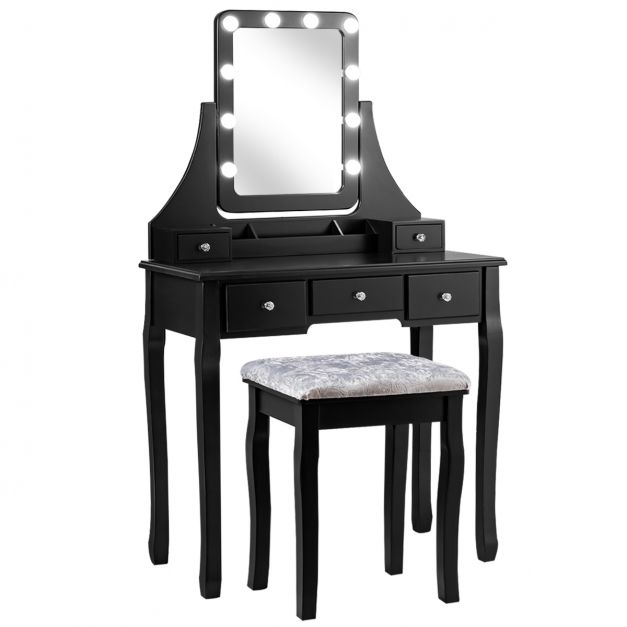 Coiffeuse Table de Maquillage avec 10 Ampoules LED avec 5 Tiroirs et Boîtes  de Rangement Amovibles Noir - Costway