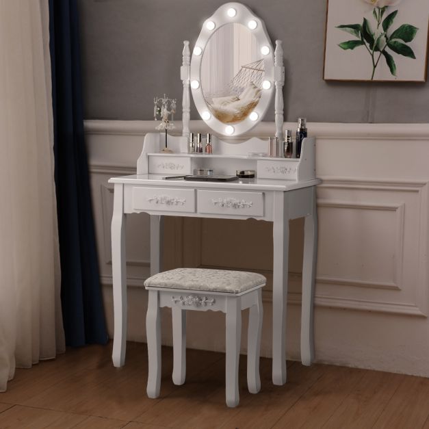 Coiffeuse Avec Miroir Table De Maquillage Mdf Blanc Avec 2 Tiroirs 80x40x140 Cm à Prix