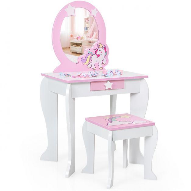 Coiffeuse pour enfants 2 en 1 avec miroir amovible, bureau enfant avec 4  étagères, blanc