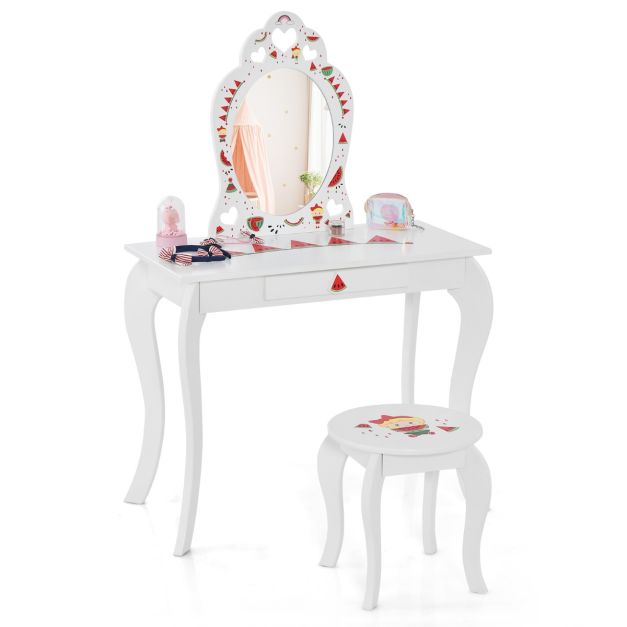 2 en 1 Coiffeuse Enfants avec Tabouret et Miroir Amovible Table de  Maquillage avec Tiroir et Dispositif Anti-basculement Blanc sur - Costway