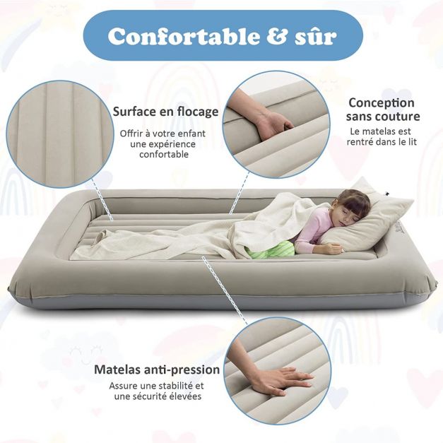 Lit de Voyage Gonflable Matelas Pneumatique Portable pour Enfants Pompe Electrique Rebords de Lit Surélevés Matelas Double Face Gris/Bleu