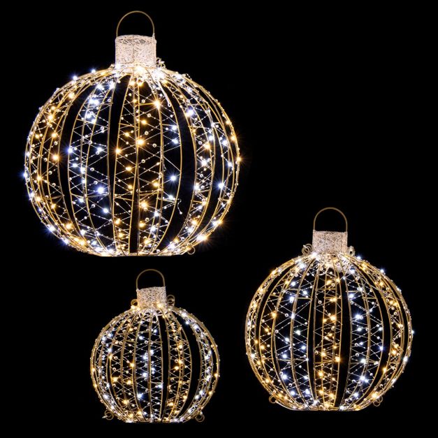 Lot de 3 Déco Boules LED de Noël avec 180 Lumière Chaude et 180 Blanche  pour Arbre Pelouse Jardin Décoration de Noël Or