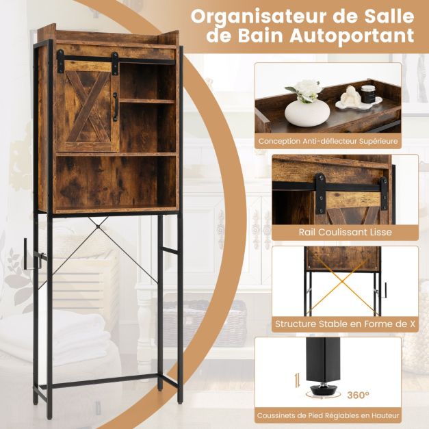 ETELI Meuble De Rangement Au-dessus Des Toilettes En Bois Marron Rustique - 66x19x160 Cm, Avec 2 Tiroirs En Tissu, Porte Rouleau Et Crochets