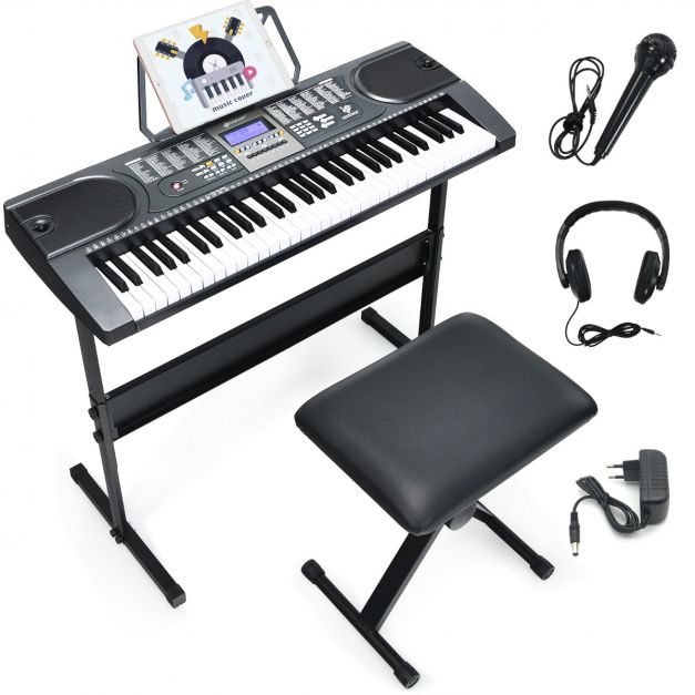 Piano Électrique 61 Touches avec Microphone Support Tabouret et Écran LCD  84,5x32,5x10CM pour Enfants Débutants Adultes - Costway