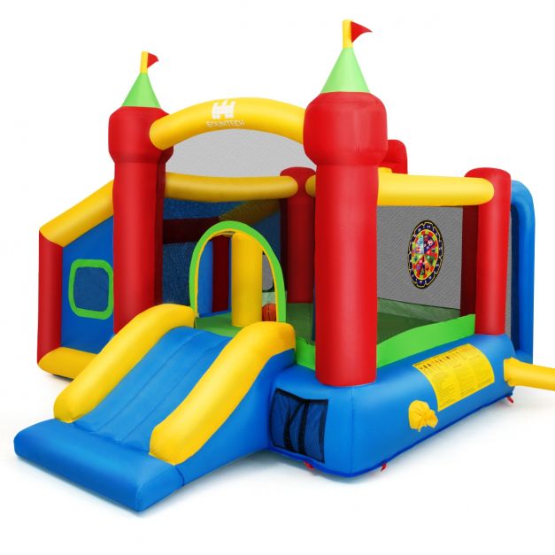Costway château gonflable soleil avec 3 aires de jeux pour 1-3 enfants de 3  à 10 ans, jeux plein air avec toboggan et trampoline, tissu oxford, charge  max 135kg 270x291x366cm (avec souffleur 450w) - Conforama