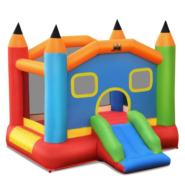 Costway château gonflable soleil avec 3 aires de jeux pour 1-3 enfants de 3  à 10 ans, jeux plein air avec toboggan et trampoline, tissu oxford, charge  max 135kg 270x291x366cm (avec souffleur 450w) - Conforama