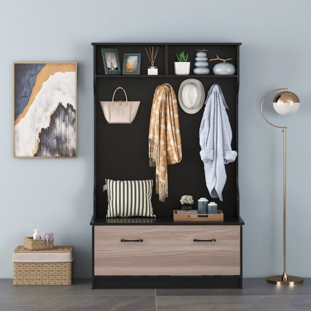 Porte-manteaux Avec Banc Et Rangement - Armoire D'Entrée 3-en-1, 3 Crochets, Noir