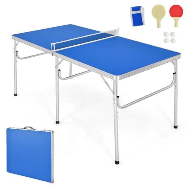 Midi table de ping-pong (150 x 67 x 71 cm) 3 pièces pour intérieur  extérieur inclus balles et 2 raquettes + filet, bleu