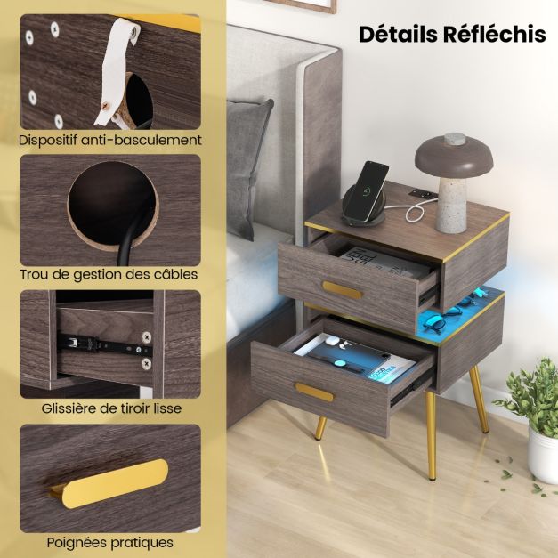 Table De Chevet Avec Lumières LED Et Charge USB – 3 Niveaux + Tiroir En Tissu – Design Moderne Pour Chambre Ou Salon – Panneaux Et Métal