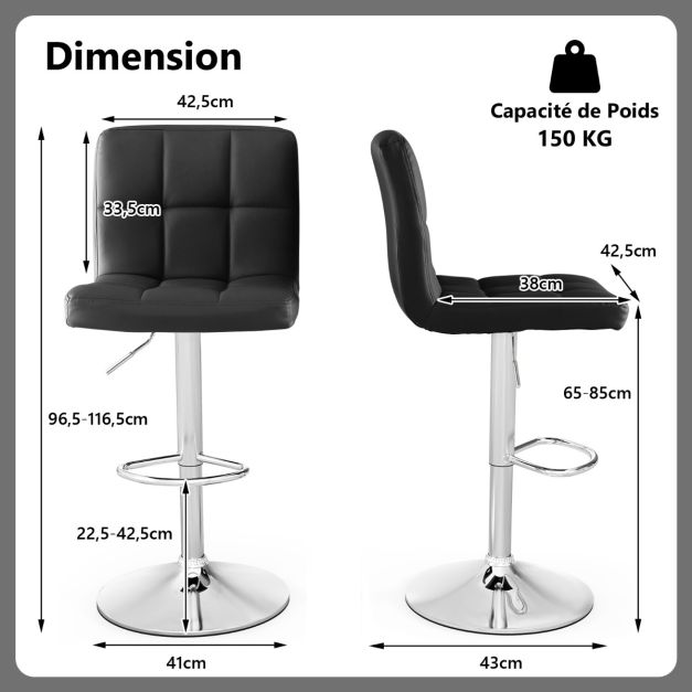 LIFEZEAL Chaise De Bar Pivotante Réglable - Cuir PU Noir - Hauteur 51-66 Cm - Siège Rond Avec Rangement Caché - Support 150 Kg