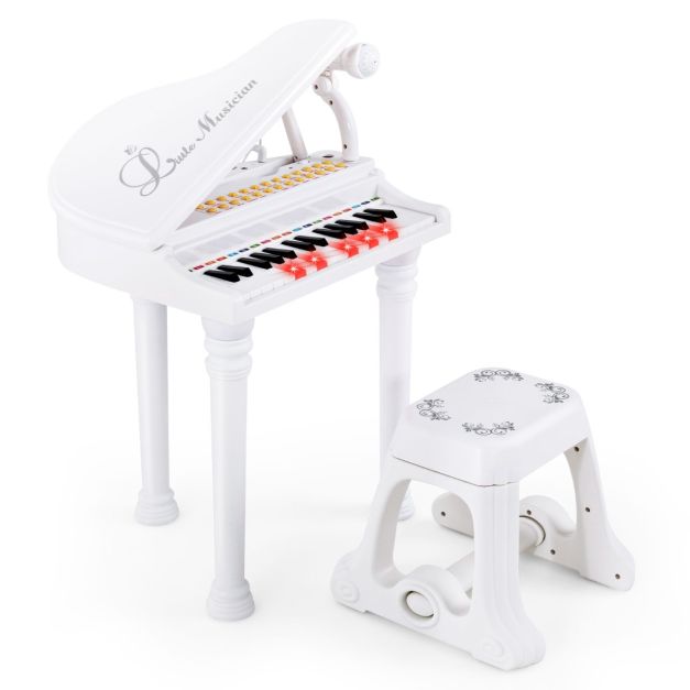 Piano Numérique 31 Touches avec Tabouret & Microphone Piano Electronique  avec Mode d'Enseignement LED & MP3 pour Enfants 3 Ans Blanc - Costway