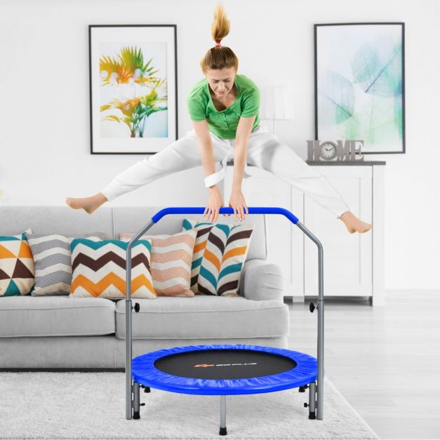 Trampoline de Fitness Pliable 101cm avec 2 Bandes de Résistance Main Courante Hauteur Réglable Charge 150 kg pour Enfants Bleu/Vert/Rouge Trampoline de Fitness Pliable 101cm avec 2 Bandes de Résistance Main Courante Hauteur Réglable Charge 150 kg pour Enfants Bleu/Vert/Rouge