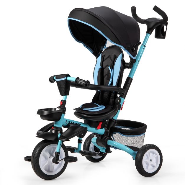 Tricycle Evolutif pour Enfant 6 en 1 Siège Twist 360°avec Housse de Pluie  pour Bébé de 12 à 50 Mois Noir et Bleu - Costway