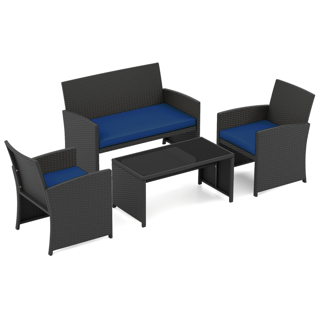 Costway Ensemble de Salon de Jardin en Rotin PE 4 Pièces Canapé 3 Places en Osier avec Fauteuils et Table Basse en Verre Trempé Bleu