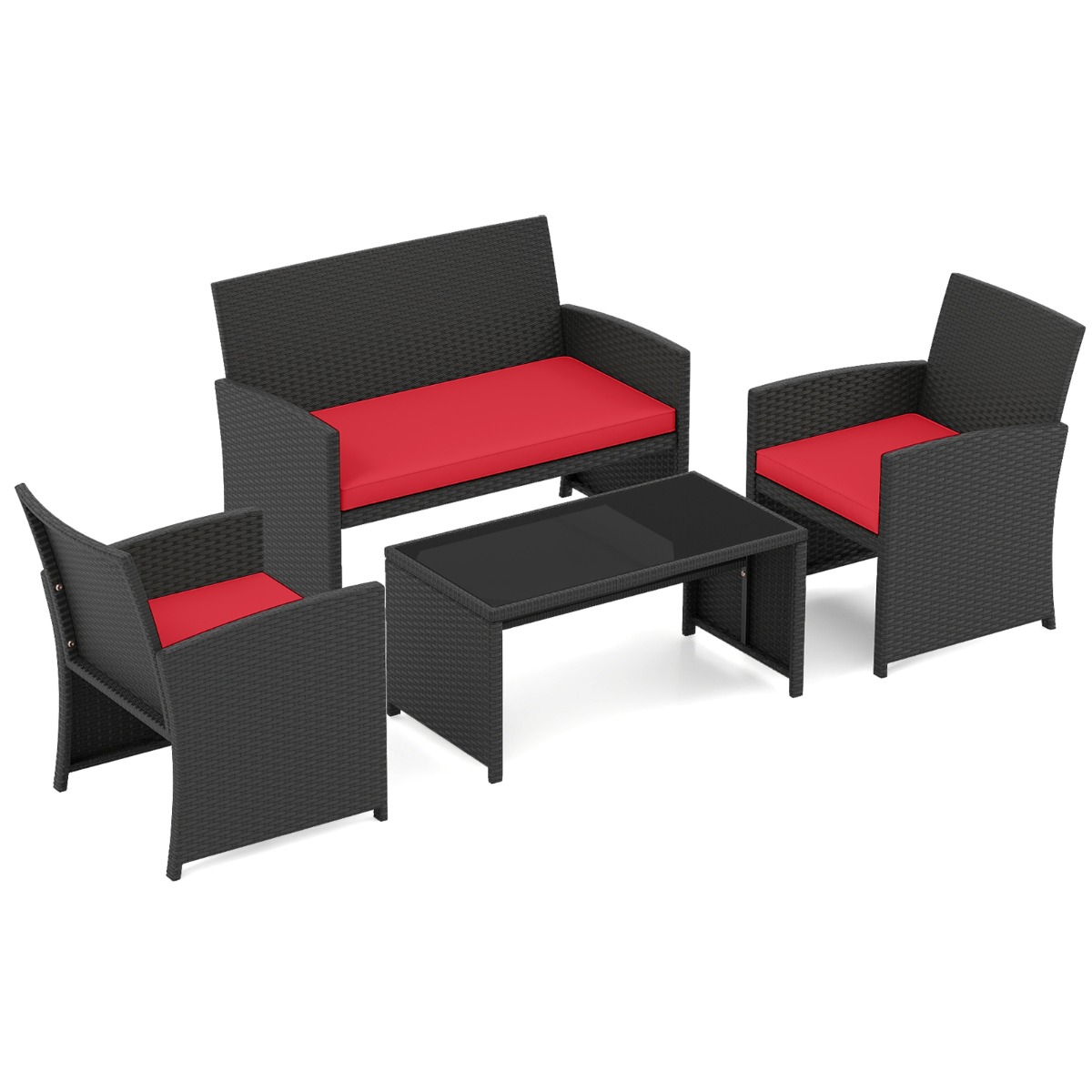 Costway Ensemble de Salon de Jardin en Rotin PE 4 Pièces Canapé 4 Places en Osier avec Fauteuils et Table Basse en Verre Trempé Rouge