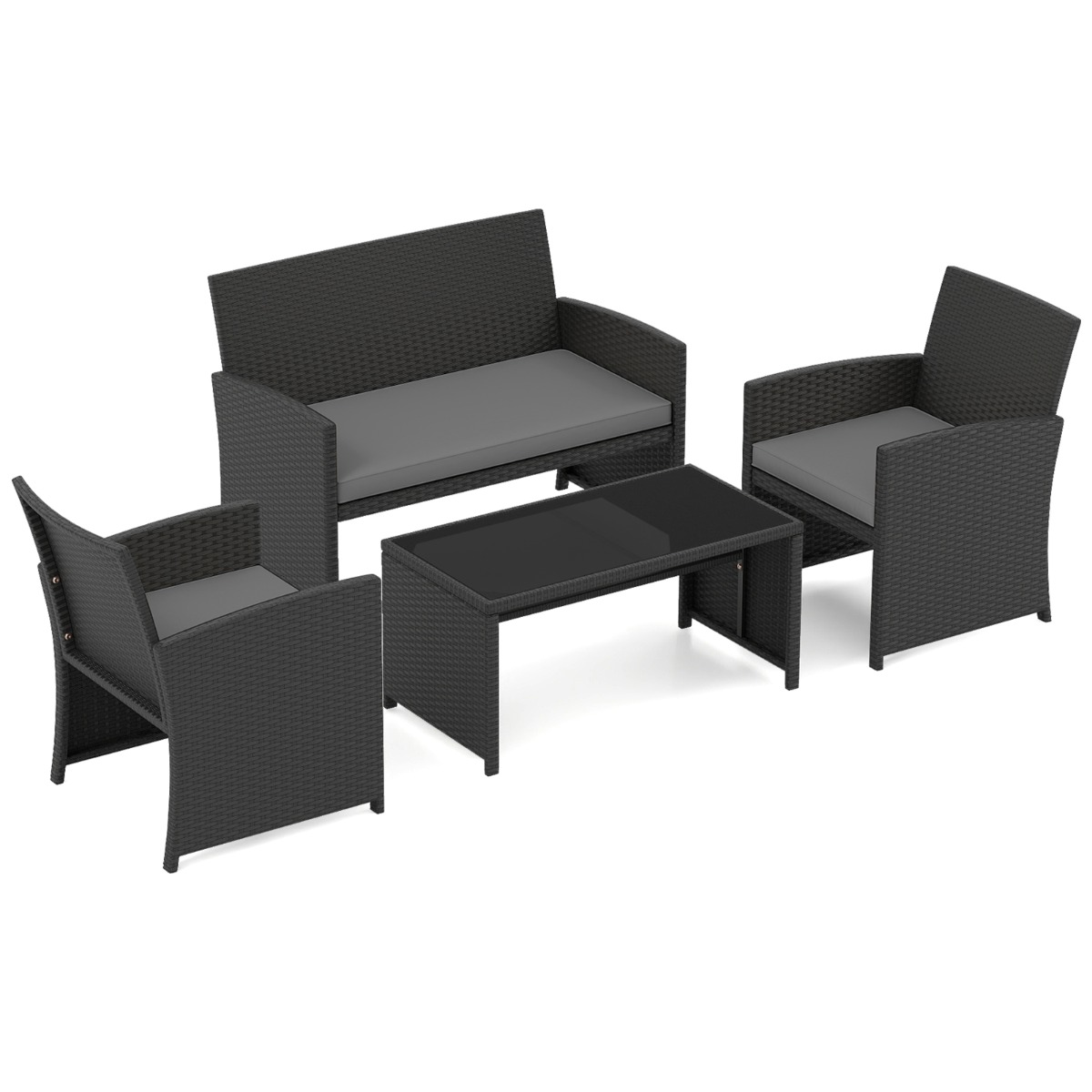 Costway Ensemble de Salon de Jardin en Rotin PE 4 Pièces Canapé 2 Places en Osier avec Fauteuils et Table Basse en Verre Trempé Gris