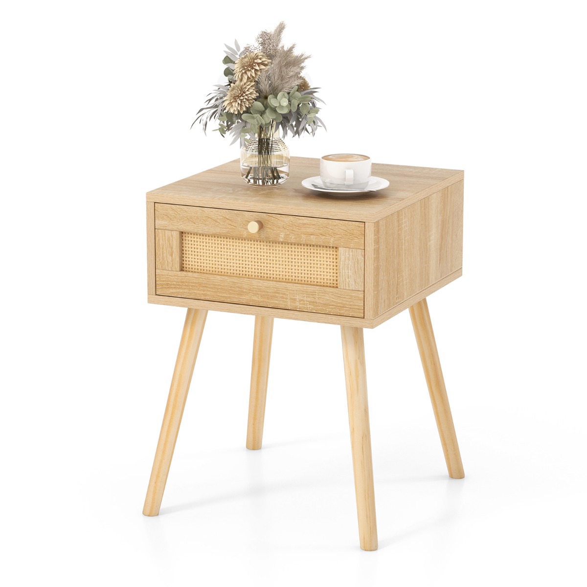Costway Table de Chevet en Rotin Table de Nuit Bois avec Tiroir et 4 Pieds en Pin Chevet de Lit pour Chambre Salon Style Naturel 40 x 40 x 55 cm
