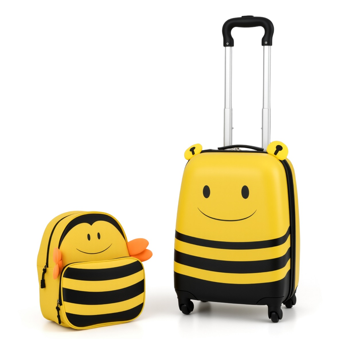 Costway Lot de Bagages pour Enfants 2 sur Roulettes Valise de Voyage et Sac à Dos Abeille Portables avec Corde Anti-Perte Jaune