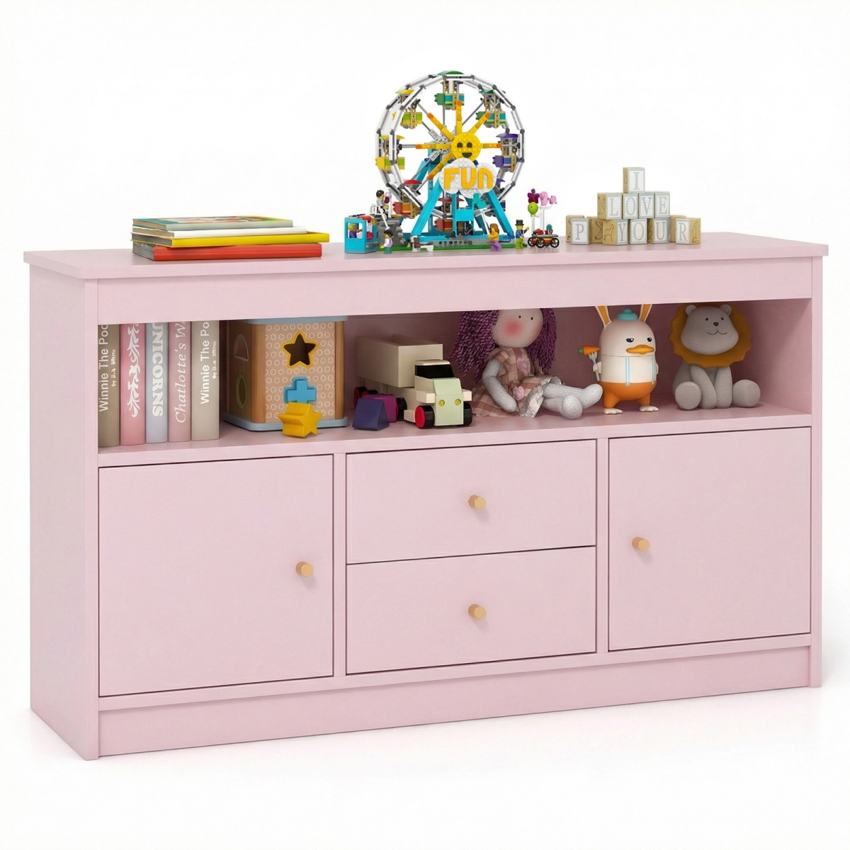 Costway Meuble de Rangement pour Jouets d’Enfants Bibliothèque en Bois pour Enfants Etagère Ouverte 2 Tiroirs 2 Portes Rose