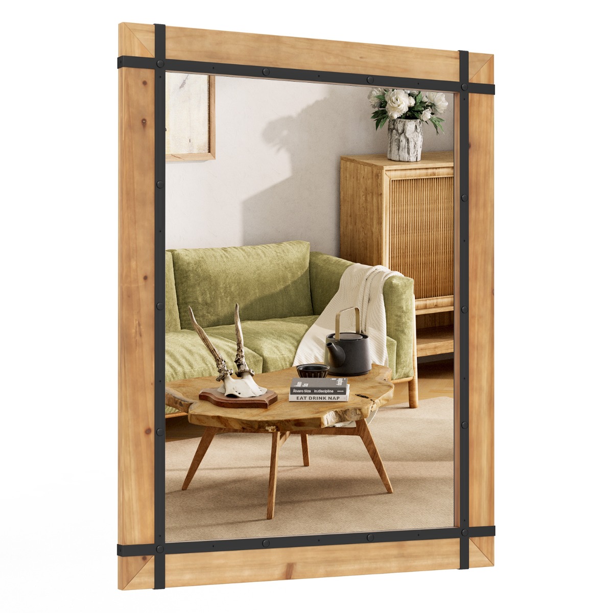 Costway Miroir Décoratif à Cadre en Bois Miroir Mural Décoratif Rustique de 77 x 99,5 cm