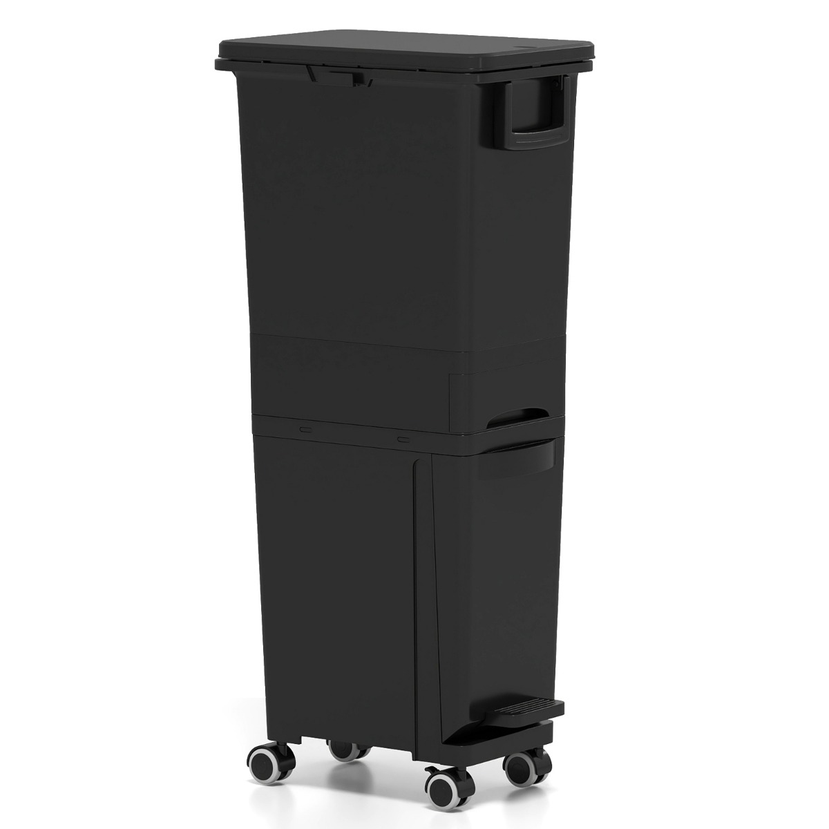 Costway Poubelle avec Bac Inférieur Inclinable Tiroir Central 2 Compartiments Supérieurs Étiquettes de Tri Poubelle à Pédale en Plastique Noir