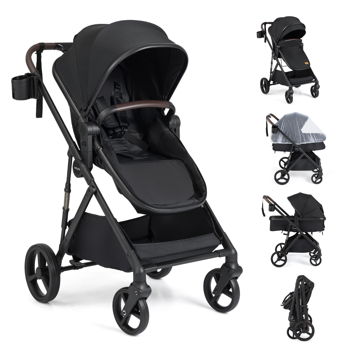 Costway Poussette Bébé Pliable 2 en 1 avec Mode Berceau Poussette Haute Paysage Convertible avec Siège Réversible pour 0-36 Mois Noir