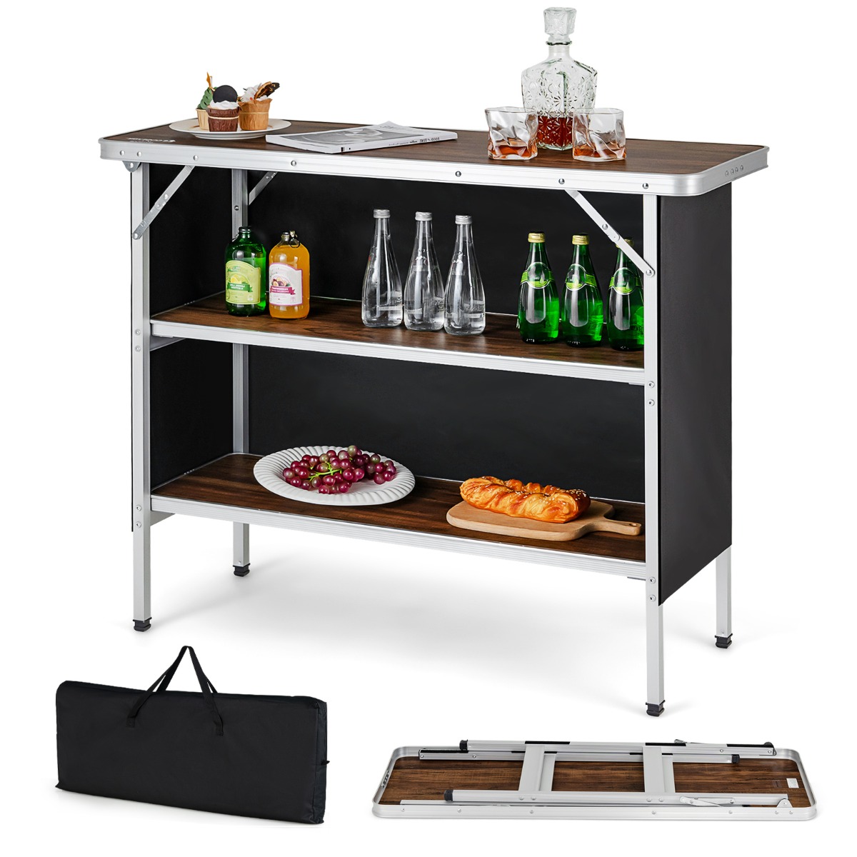 Costway Table de camping pliante 110 x 38 x 88 cm en Aluminium Tissu Oxford 3 Étagères-Sac de Transport pour Pique-Nique Jardin Café