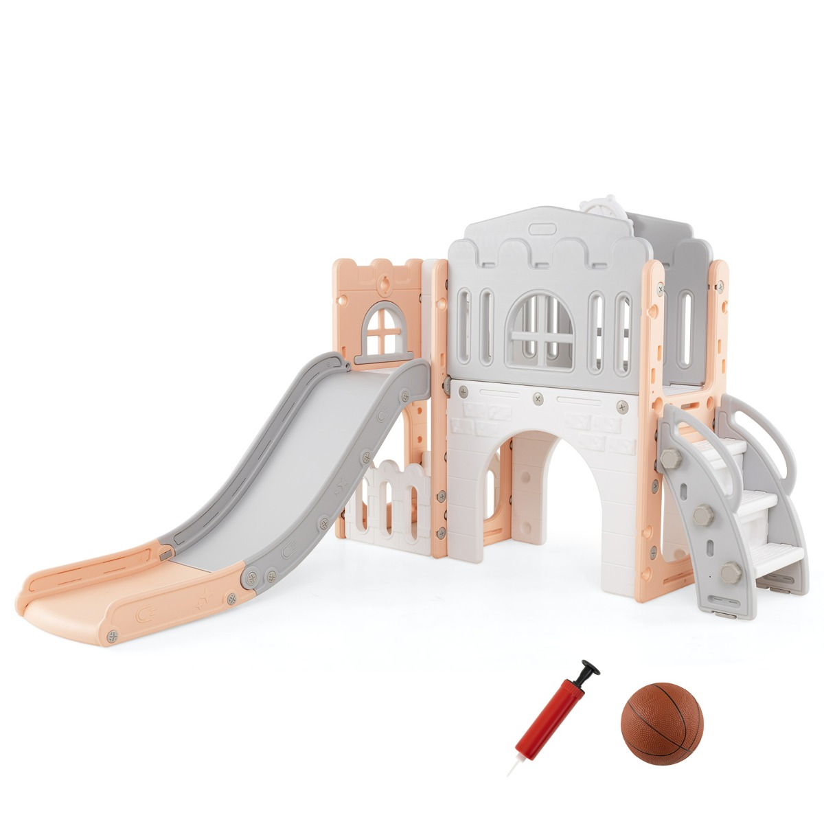 Costway Toboggan 9 en 1 pour Tout-petits en Forme de L et Ensemble D'escalade avec Panier de Basket Télescope Volant Allée Tunnel pour 1+ An Rose