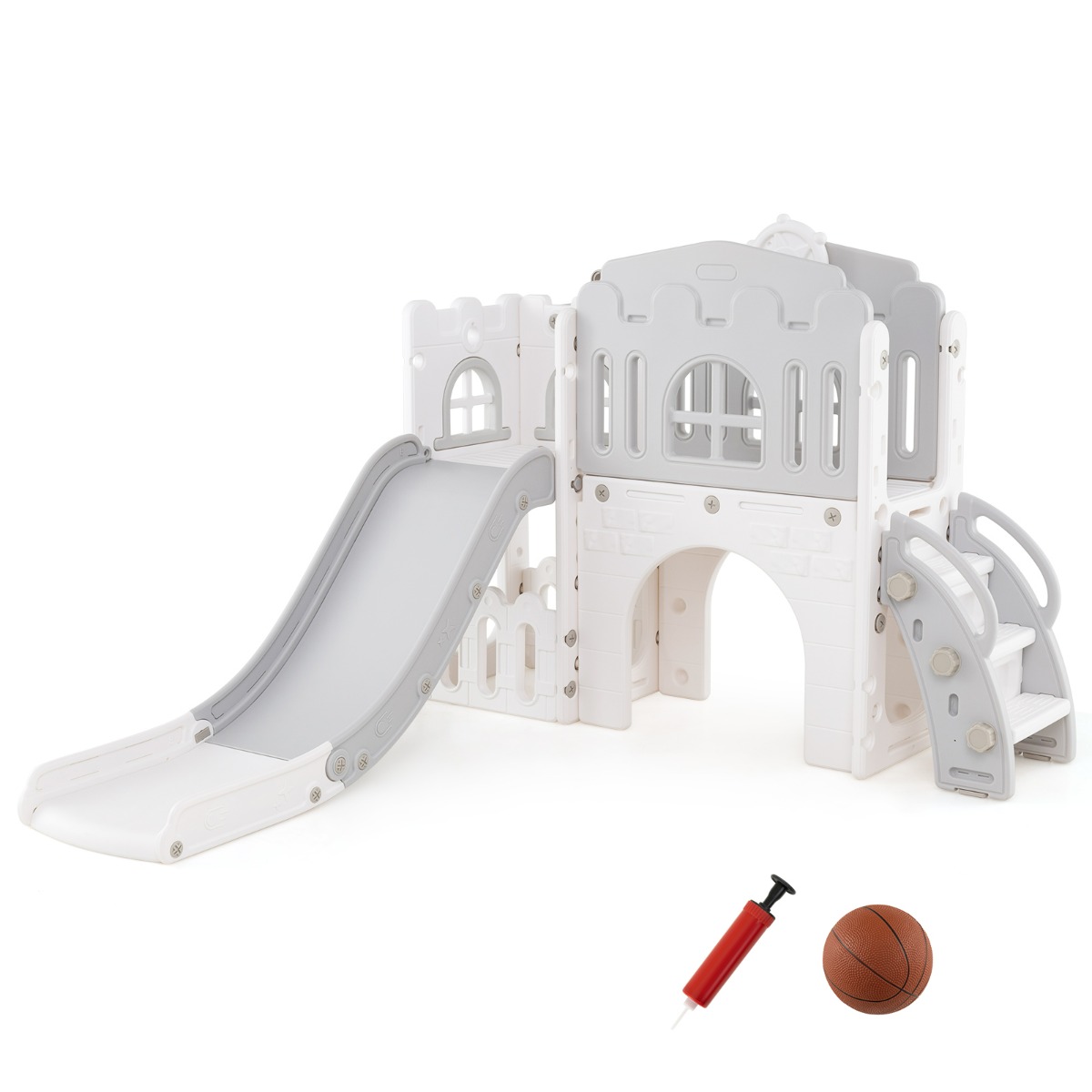 Costway Toboggan 9 en 1 pour Tout-petits en Forme de L et Ensemble D'escalade avec Panier de Basket Télescope Volant Allée Tunnel pour 1+ An Blanc