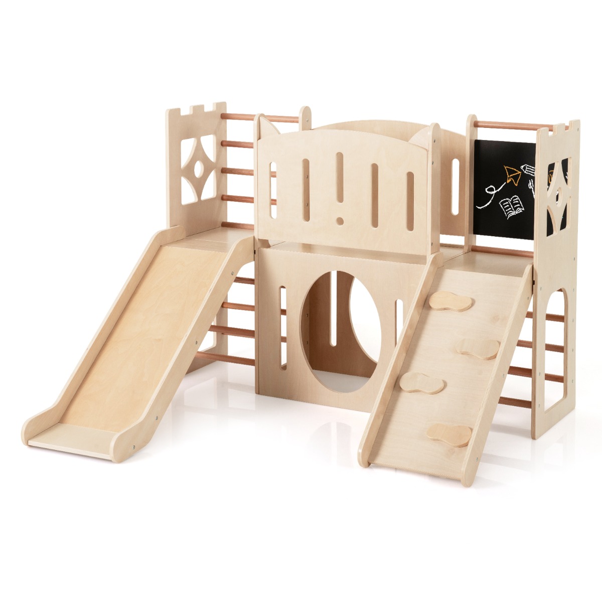 Costway Aire de Jeux Intérieure 8 en 1 Château avec Toboggan en Bois Structure d'Escalade Échelles Rangement de Jouets pour 3+ Ans Naturel