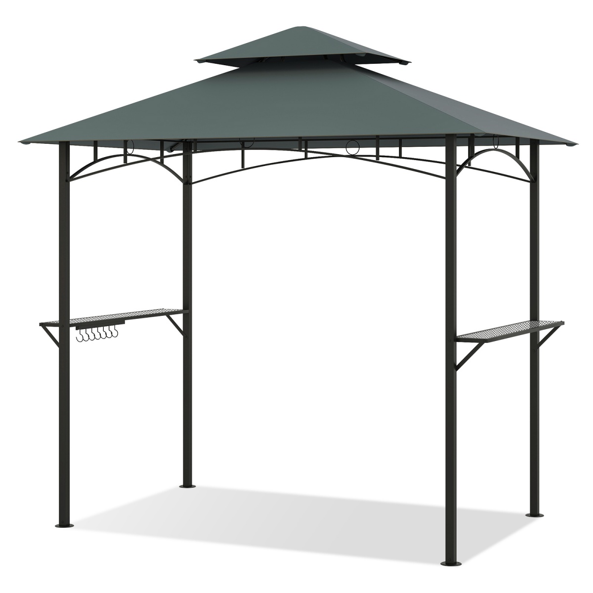 Costway 240 x 151 cm Tonnelle pour Barbecue Abri à Double Toit pour Grill avec 2 Étagères 7 Crochets Structure Métallique Abri Barbecue Gris