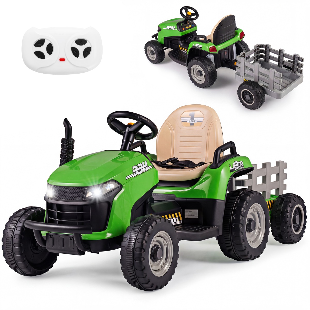 Costway Tracteur Électrique 24V avec Remorque Basculante&Détachable Tracteur Électrique avec Télécommande Klaxon Levier de Vitesse pour 3+ Ans Vert