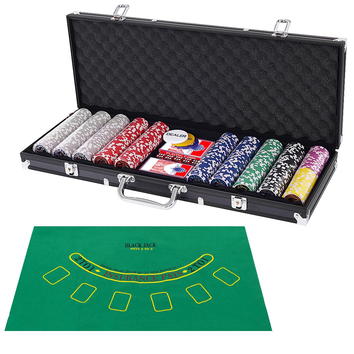Costway Mallette de Poker 500 Jetons 2 Jeux de Cartes 1 Tapis en Feutre Coffret Professionnelle Etui en Aluminium Noir