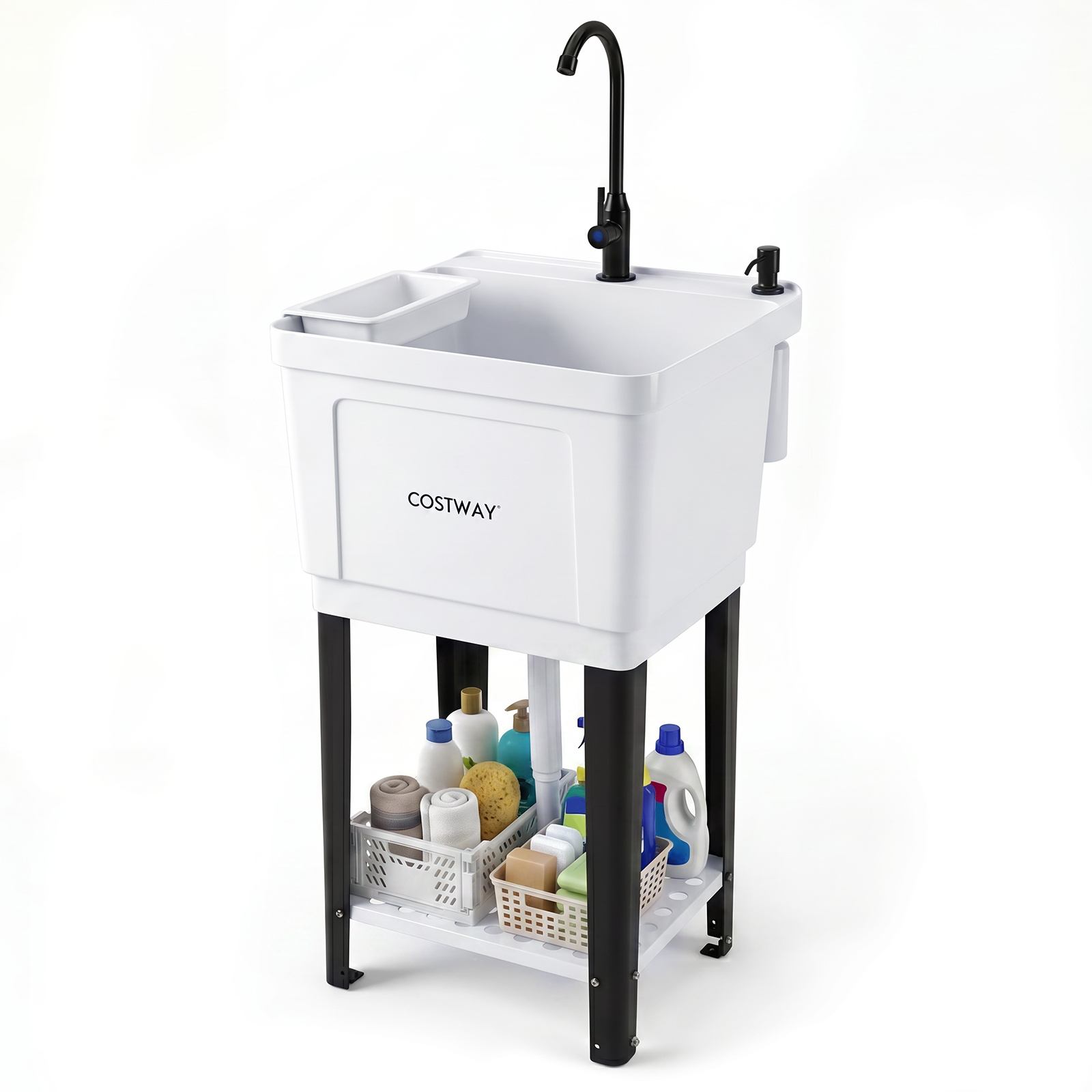 Costway Évier de Cuisine Autoportant Évier Utilitaire avec Robinet Pivotant Étagères Distributeur de Savon Pieds Réglables Système de Vidange Blanc