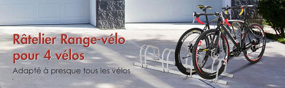 Ratelier 4 Velos Porte Velos Sol en Acier Fixation Sol ou Mur 120x32,5x26CM Antirouille